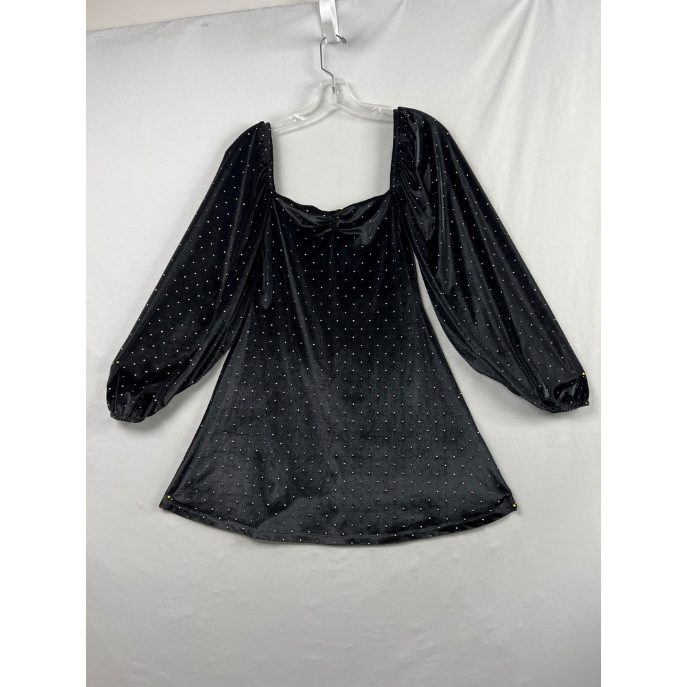 ASOS Velvet Studded Mini Dress Women 4 Black Excellent Puff Sleeve Square Neck